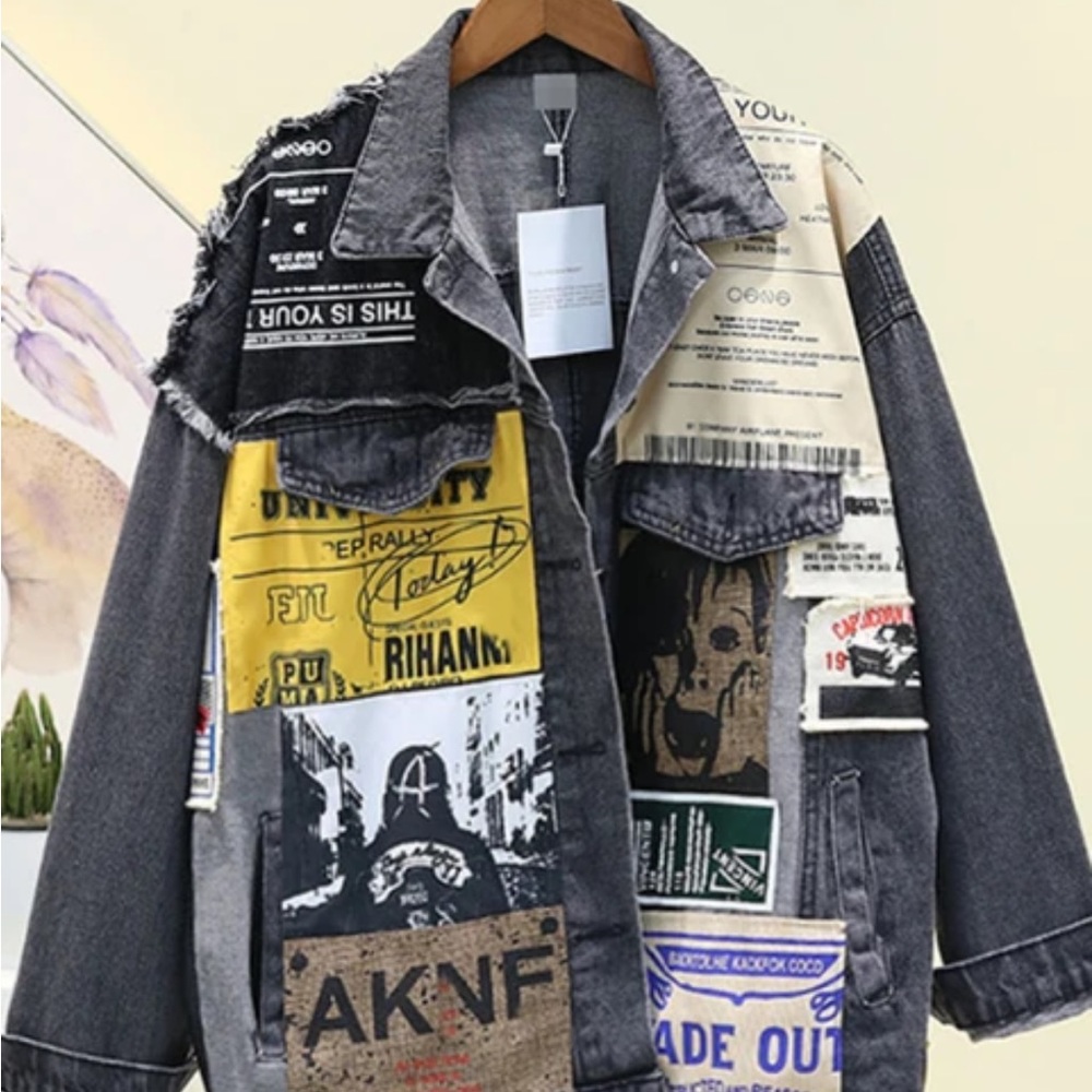 NWT Vintage Full Sleeve Appliqués Newspaper Pattern Black Denim Jacket
